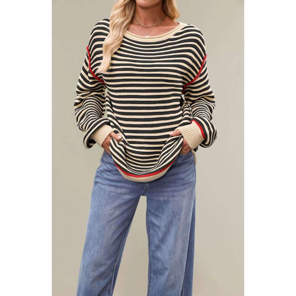 New Autumn Winter Sweater Women's Clothing Popular Striped Top Round Neck Pullover Loose Long Sleeve B3