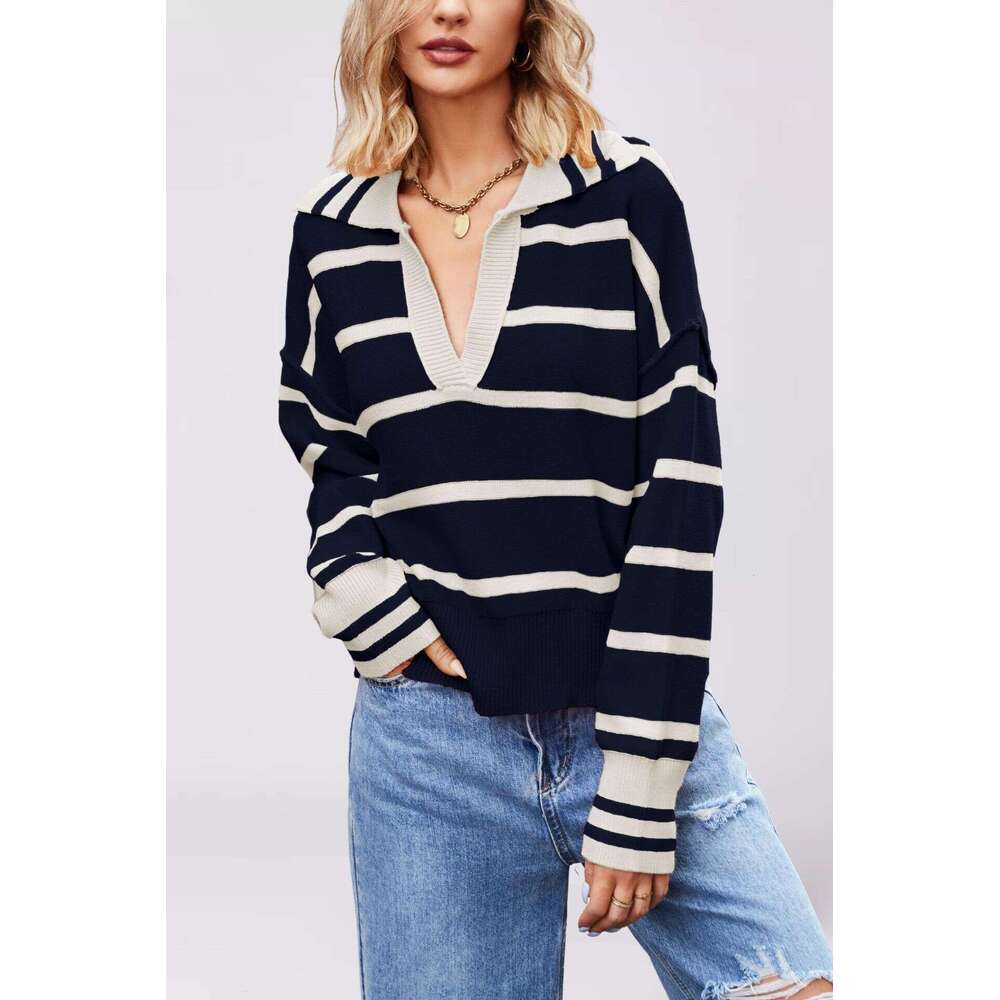 Autumn Winter Women's Fashion New Style Patchwork Color Striped Loose Sweater Turn-Down Collar Knitwear B5