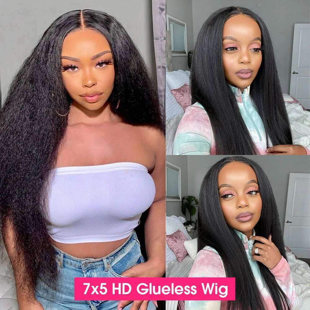 Glueless Kinky Front Human Hair Yaki Straight 13X6 Frontal Wig 7X5 HD Transparent Lace Closure Wigs