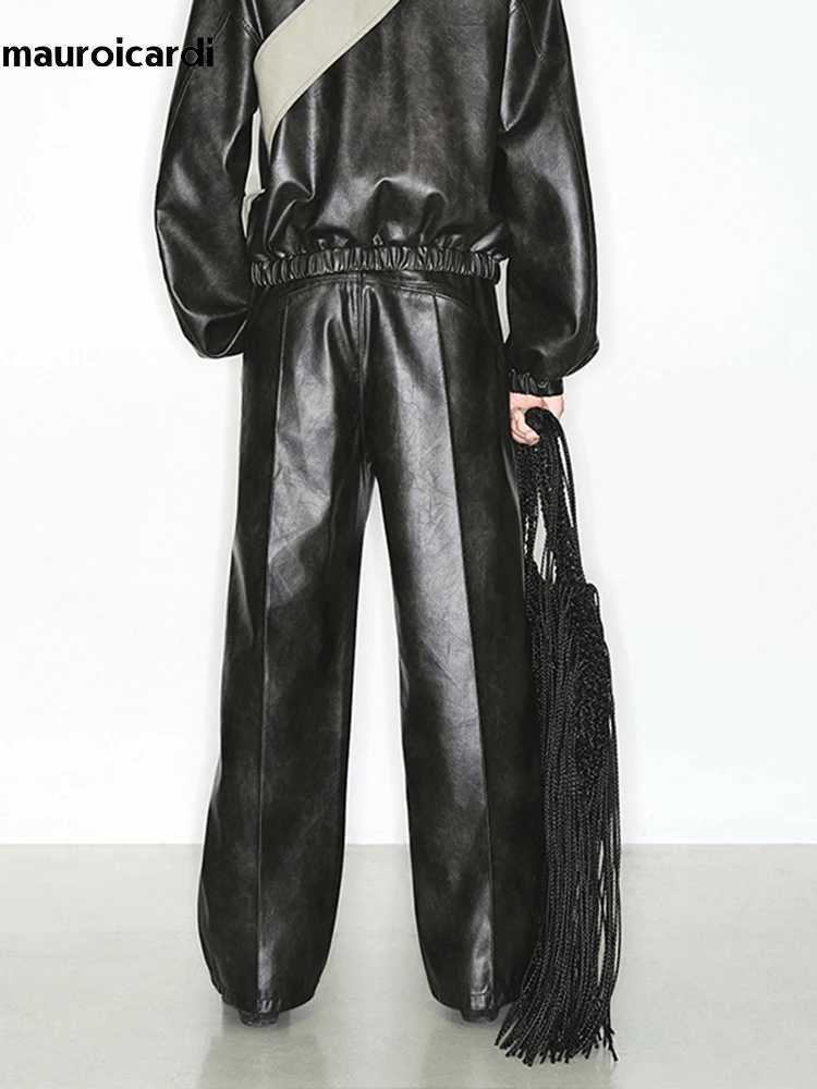 Mauroicardi Spring Autumn Long Loose Casual Cool Black Pu Leather Straight Pants For Men Luxury Designer Clothes Trouser 2023 W250819