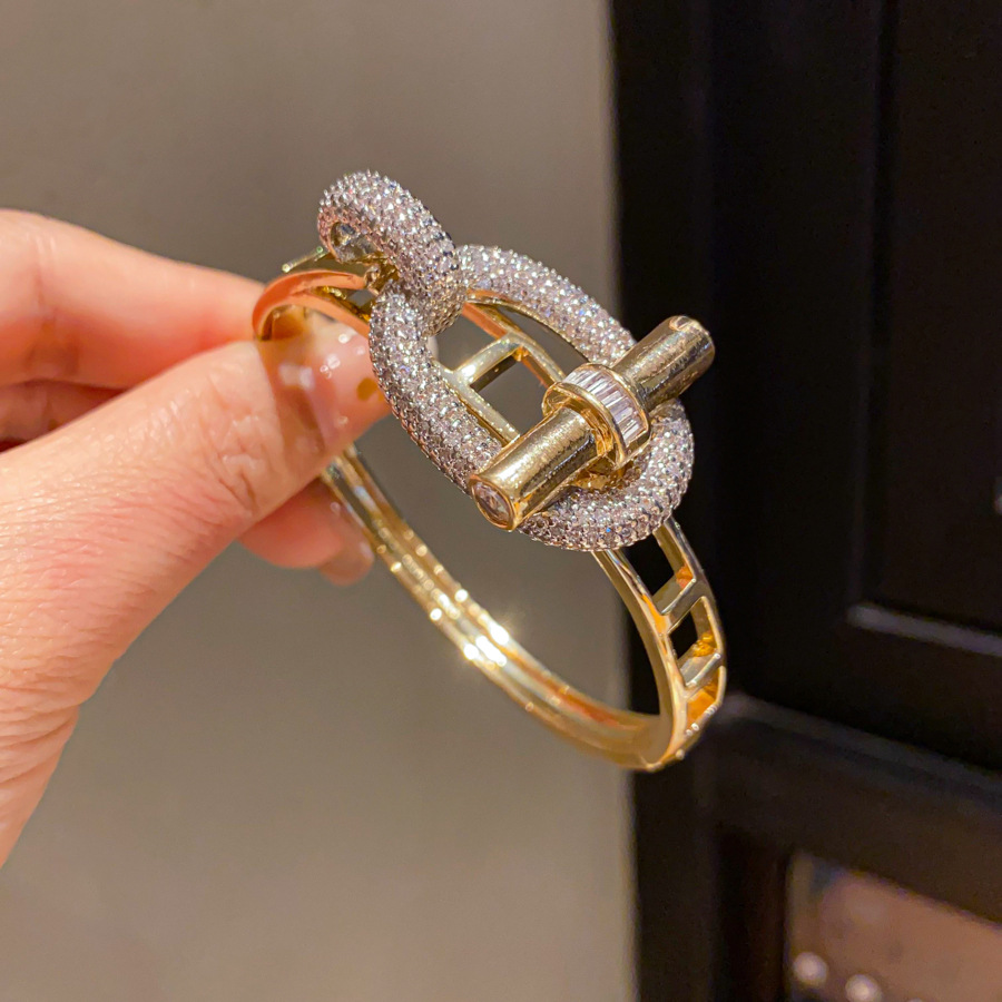 Gold Tone Lock - Chain Shaped Cuff Bracelet With Crystal Accents Elegant Daily And Special Occasions Gift For Her High Quality And Stylish Jewelry