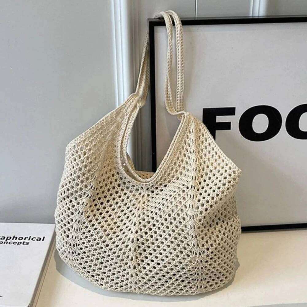 Fashion Women's Hollow Woven Shoulder Bags Large Capacity Knitting Underarm Solid Crochet Tote Handbag Summer Mesh Beach Bag