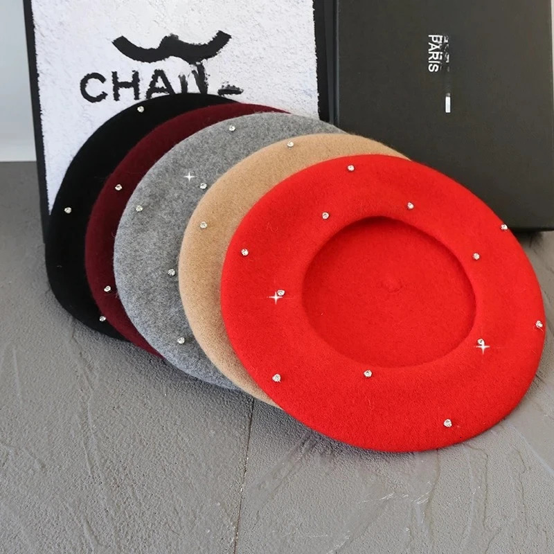 2025 Rhinestone Wool Thick Beret French Beret Artist Painter Autumn Winter Hat Girls Female Warm Walking Cap 250819