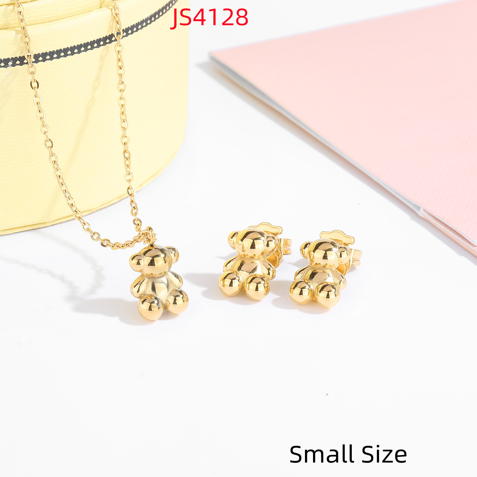 New Arrival Fashion Women Men Silver Rose Gold Stainless Steel Bear Cartoon White Zircon Mini Pendant Necklace Earrings Sets Jewelry