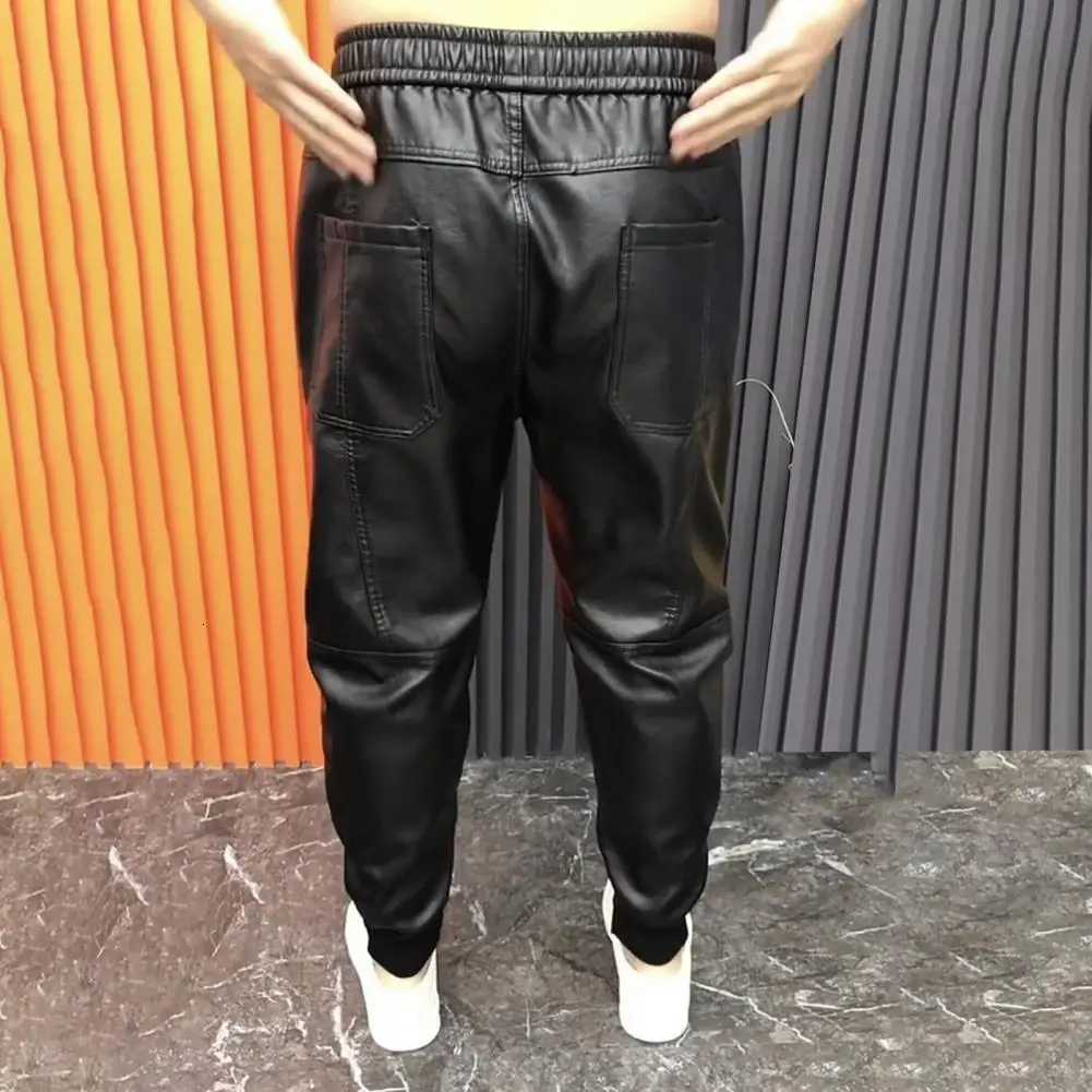 Black Drawstring Pants Black Pants Stylish Mens Faux Leather Pants with Pockets Stretchy Waist Motorcycle Style for Spring W250819