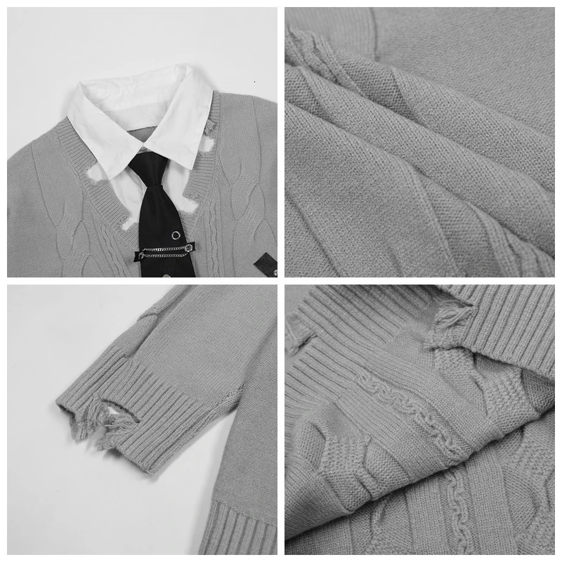 Harajuku False Two Shirt Sweaters Mens with Necktie Damaged Torn Pullover Sweater Preppy Loose Casual Color Block Knitwears Y2k 250819