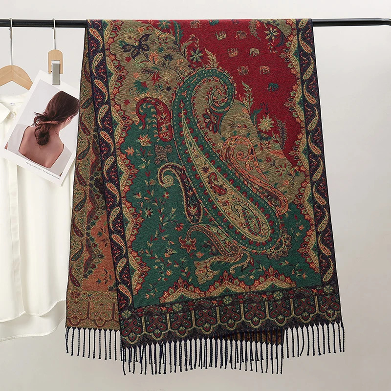 Winter Warm Thick Women Hijab Ethnic Style Jacquard Scarf Outdoor Paisley Foulard Cashmere Tassel Shawl Wrap Pashmina Muslim 250818