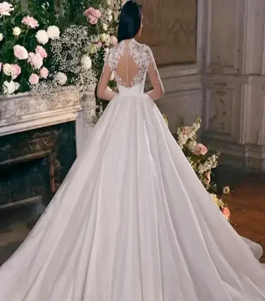 White Wedding Dresses Ivory Bridal Gowns Formal A Line Applique Custom Zipper Lace Up Plus Size New Floor-Length Long Sleeve Illusion High Neck Organz