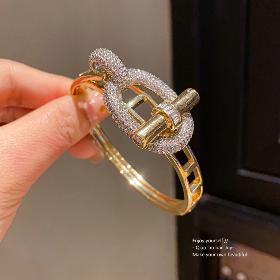 Gold Tone Lock - Chain Shaped Cuff Bracelet With Crystal Accents Elegant Daily And Special Occasions Gift For Her High Quality And Stylish Jewelry