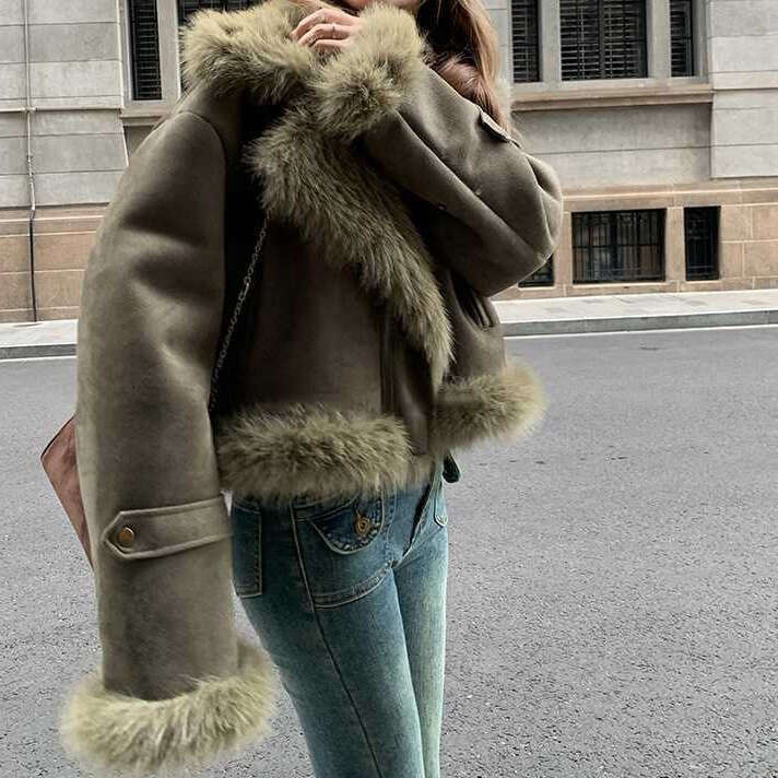 2025 New Fur Integrated Jacket Suede Short Motorcycle Suit Women's Korean Casual Jacket Winter