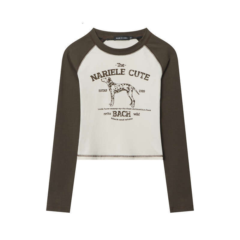 Letter Print Ins Niche Color Block Long Sleeve T-Shirt Round Neck Slimming Age-Reducing Versatile Top For Women B3