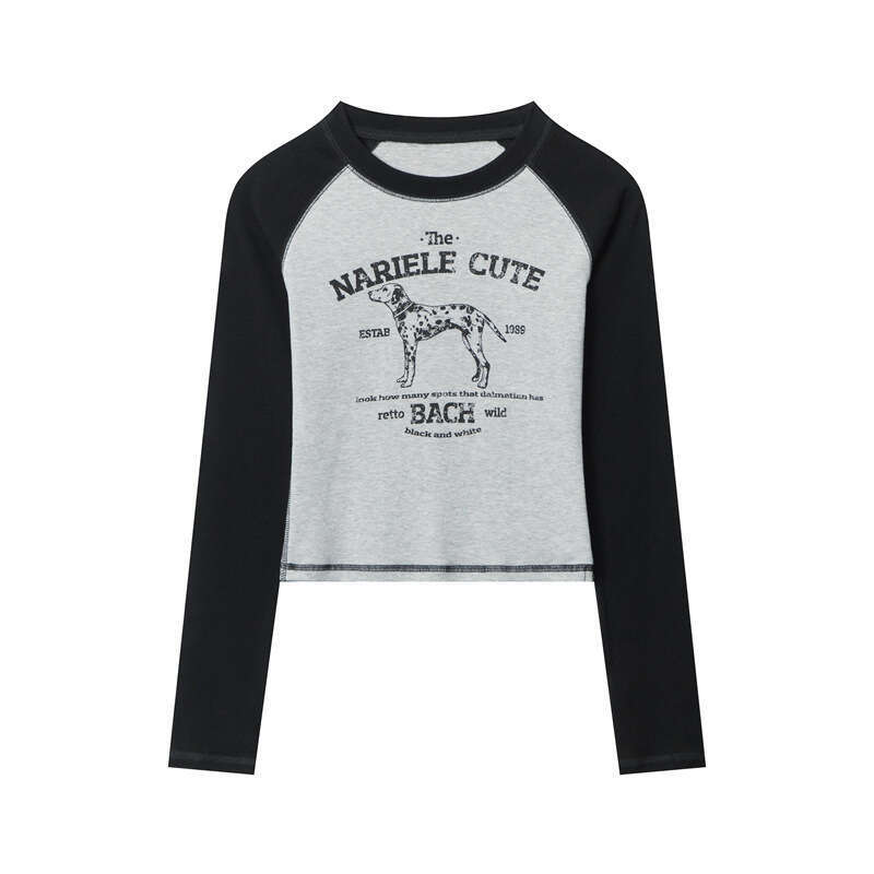 Letter Print Ins Niche Color Block Long Sleeve T-Shirt Round Neck Slimming Age-Reducing Versatile Top For Women B3