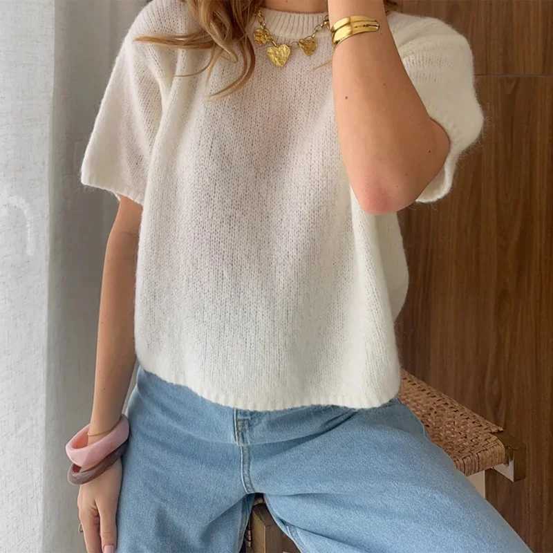 90s Vintage Womens Short Sve Knit Sweaters Y2k Crewneck Loose Oversized Knit Pullover Basic Sweater Jumper Tops Streetwear XJ250819