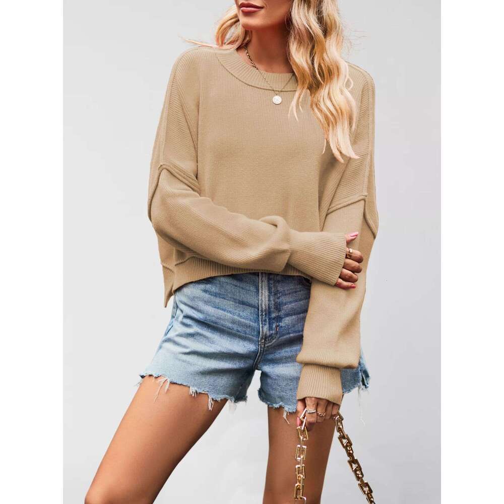 New Autumn Winter Women's Solid Color Fashion Round Neck Knitted Loose Pullover Sweater B5