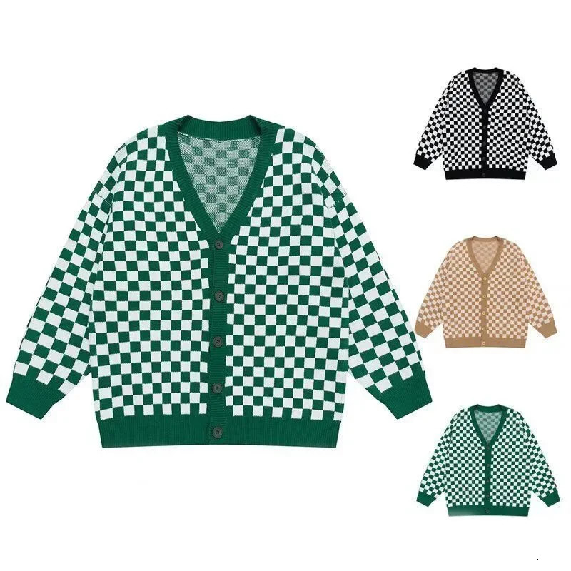 Checkerboard Plaid Cardigan Mens Sweaters INS Winter Coats Knitwear Clothing Japanese Vintage Wool Couples 250819