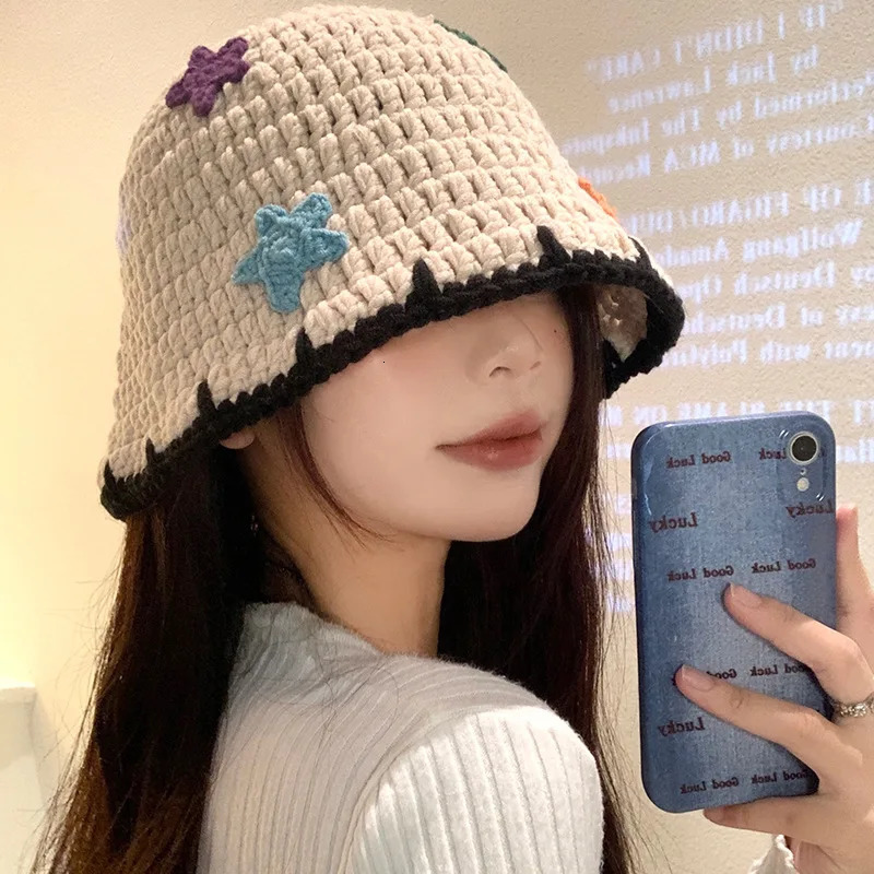 Knitted Fisherman Hat for Women In Autumn And Winter Korean Version Handmade Woolen Hat Big Head Water Bucket Hat 250819