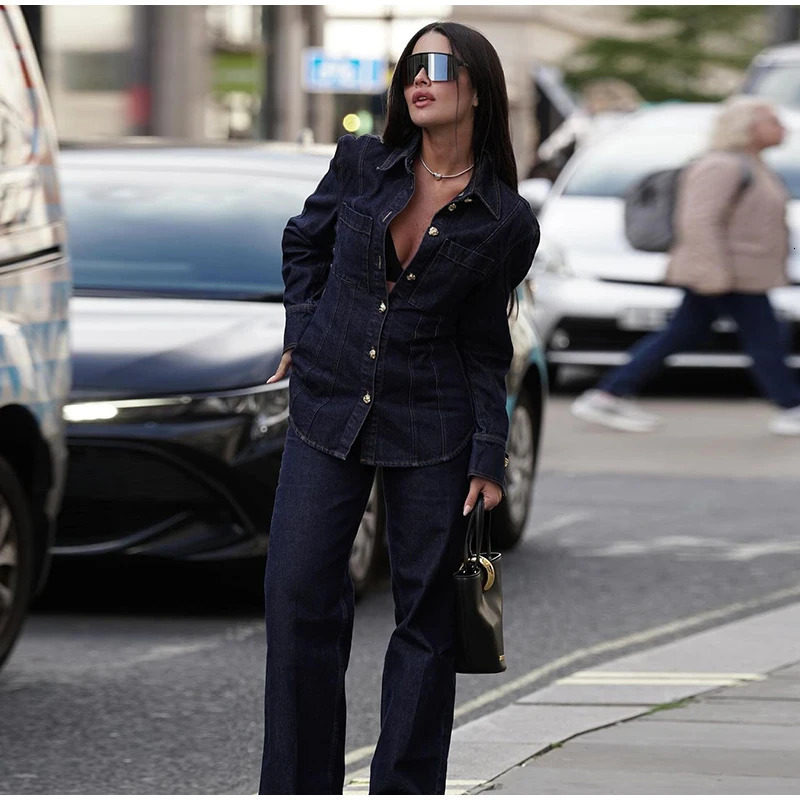 Denim Jacket Jeans 2 piece sets woman Long Sleeve Metal Buttons Sliming Pocket Top Straight Leg Pants Cow Outfits for Women 250819