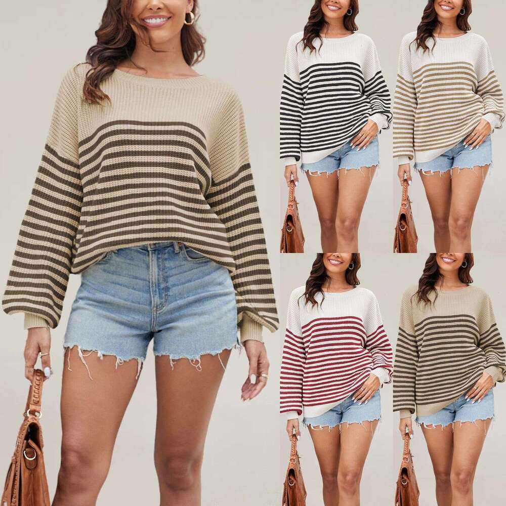 New Autumn Winter Temu Round Neck Striped Loose Plus Size Sweater Women's Knitted Top B5
