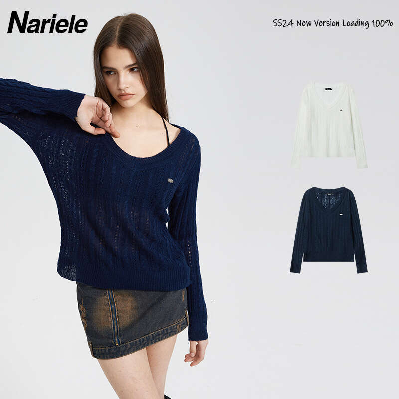 Platinum Hand-Sewn Label Spring Solid Color Fashion V-Neck Long Sleeve Cable Knit Sweater For Women B3