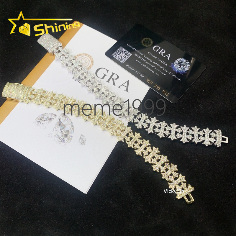 Gold Plated Sterling Silver 925 Iced Out Moissanite Cross Bracelet Hip Hop Men Fine VVS Moissanite Cuban Bracelet Party Gifts