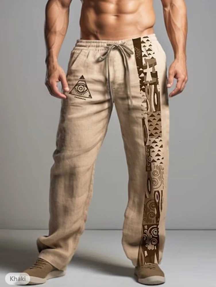 Mens Khaki Linen Drawstring Pants with Mystical Eye Tribal - Inspired Pattern Trousers 6XL W250819