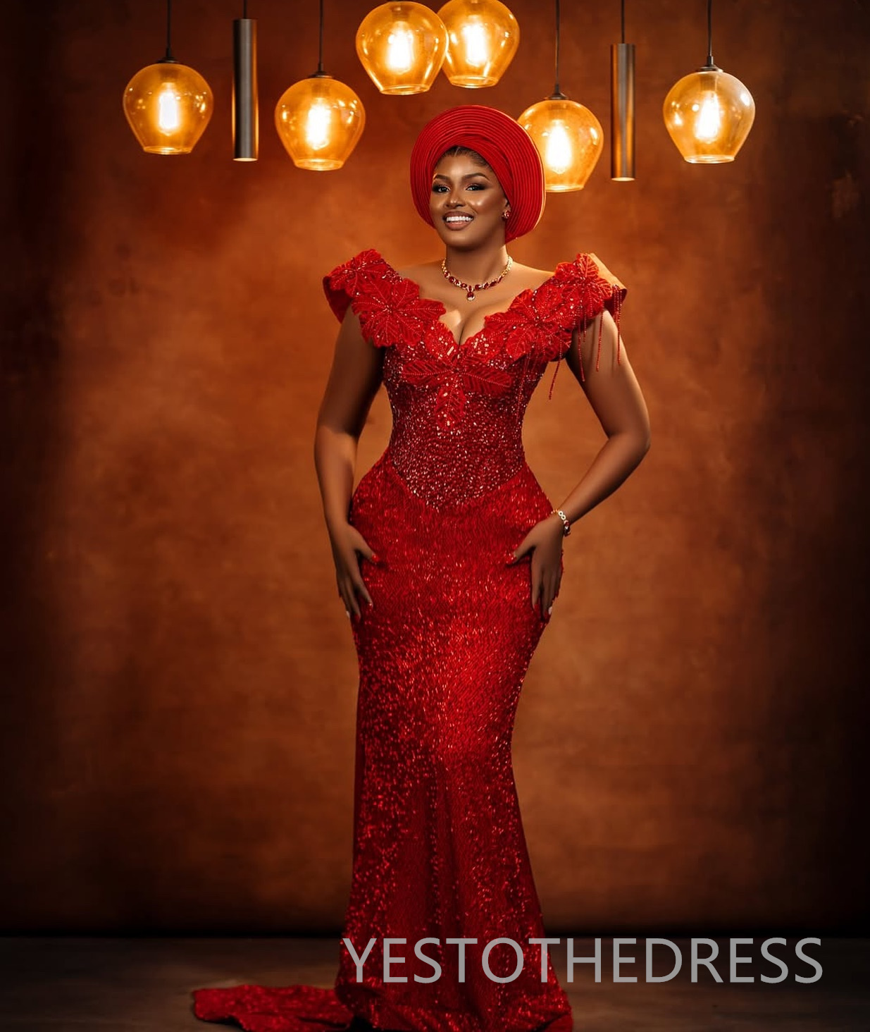 Classic Plus Size Aso Ebi Red Mermaid Prom Dress 2025 Evening Dresses Robe De Sorrie V Neck Beaded Sequined Lace Flora Birthday Dress Second Reception