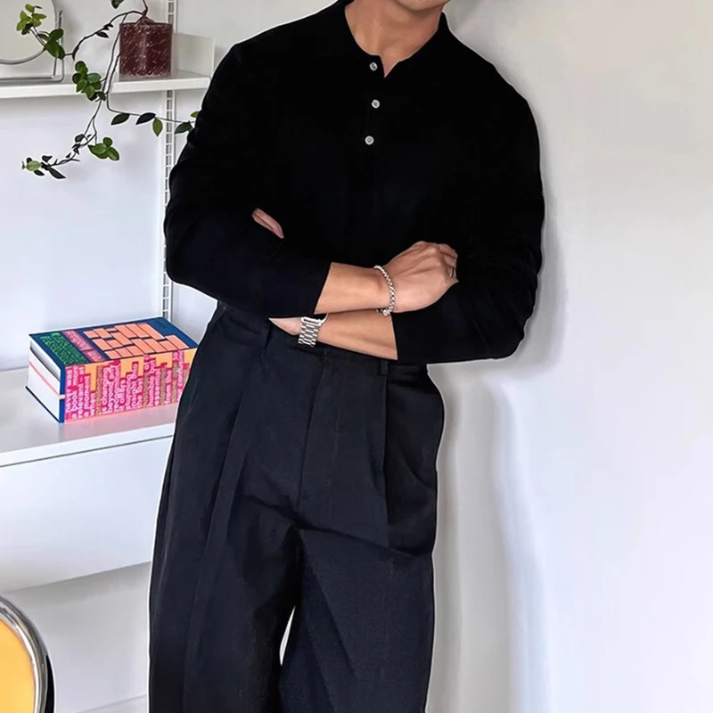 Slim Fit Button-up Turn-down Collar Knit Polo Shirt Fall Fashionable Mens Long Sleeve Polos Trendy Mens Solid Color Polo Shirts 250818