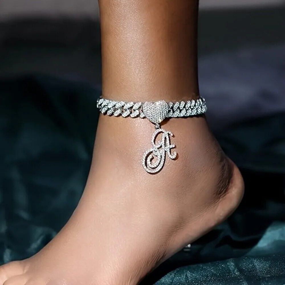 1pcs Womens Anklet Silver Cursive Initial Cuban Chain Anklet Womens 10mm Miami Cuban Chain Chunky Initial Anklet Summer 250815