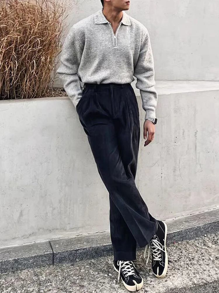 Streetwear Vintage Polo Collar Jumper Tops Men Spring Trendy Solid Color Zip-up Long Sleeve Knit Polo Shirt For Mens Sweaters 250818