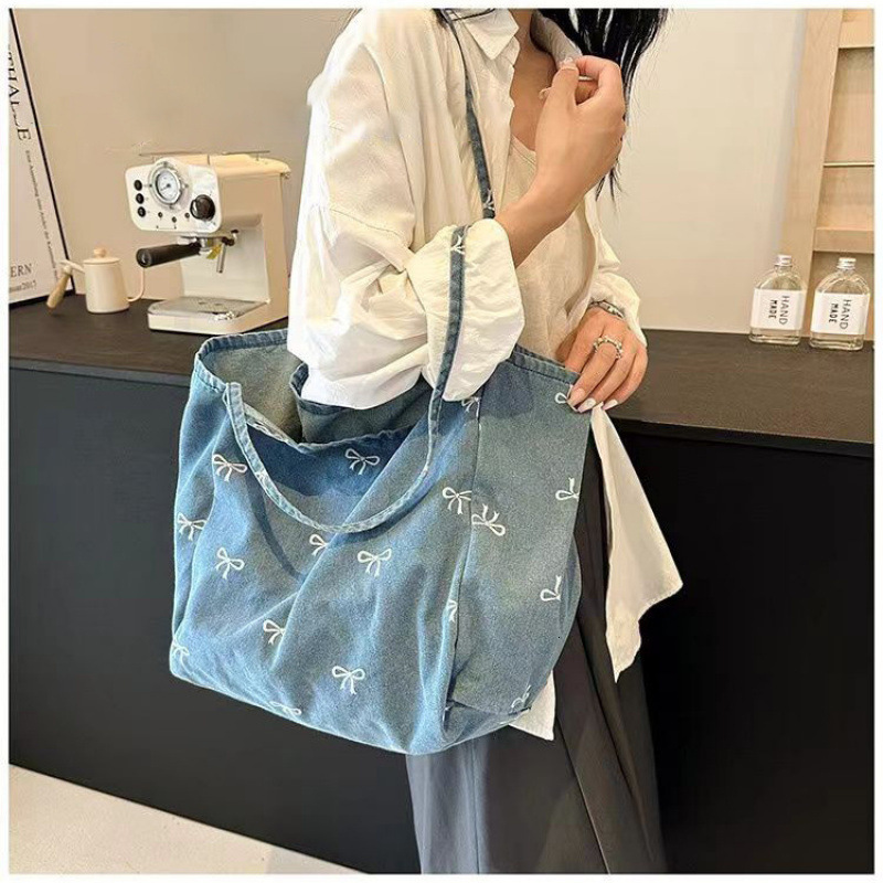 2025 Autumn New Denim Canvas Women's Bag Bow Sweet Handbag Large Capacity Casual Shoulder Bag Women's Crossbody Bag Designer Bar Bag Women&#