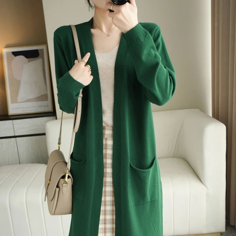 YSC style Women Knitted Cashmere wool blend Cardigan V collar Super long Buttonless pocket trim Highquality 250819
