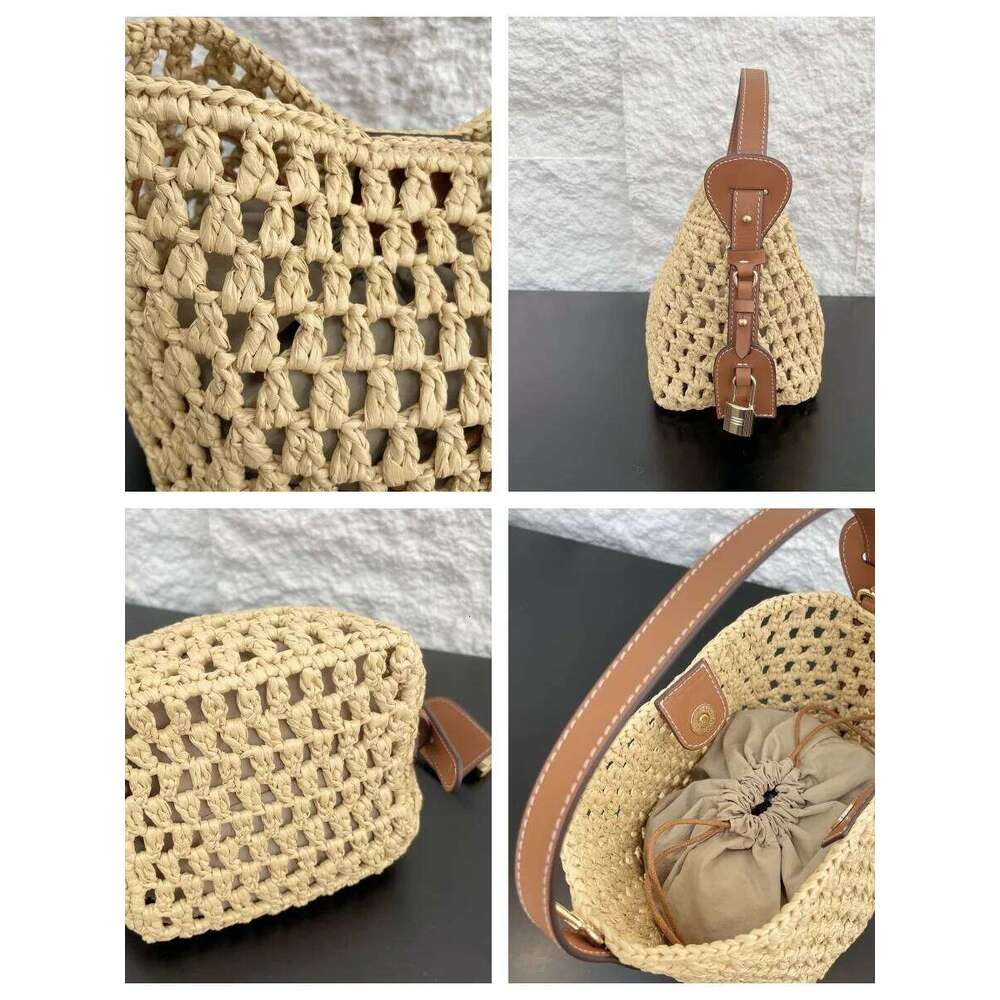 Faionable Summer Buet Women S Single Oulder Slant Cross Handbag Woven Rfia St Top Layer Cowhide Leather Beach Bag