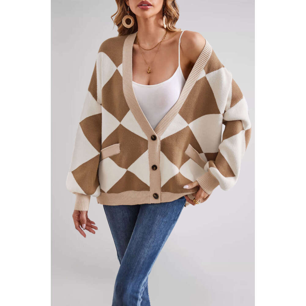 New Winter Women's Clothing V-Neck Diamond Stitching Contrast Color Loose Knitted Jacket Open B5