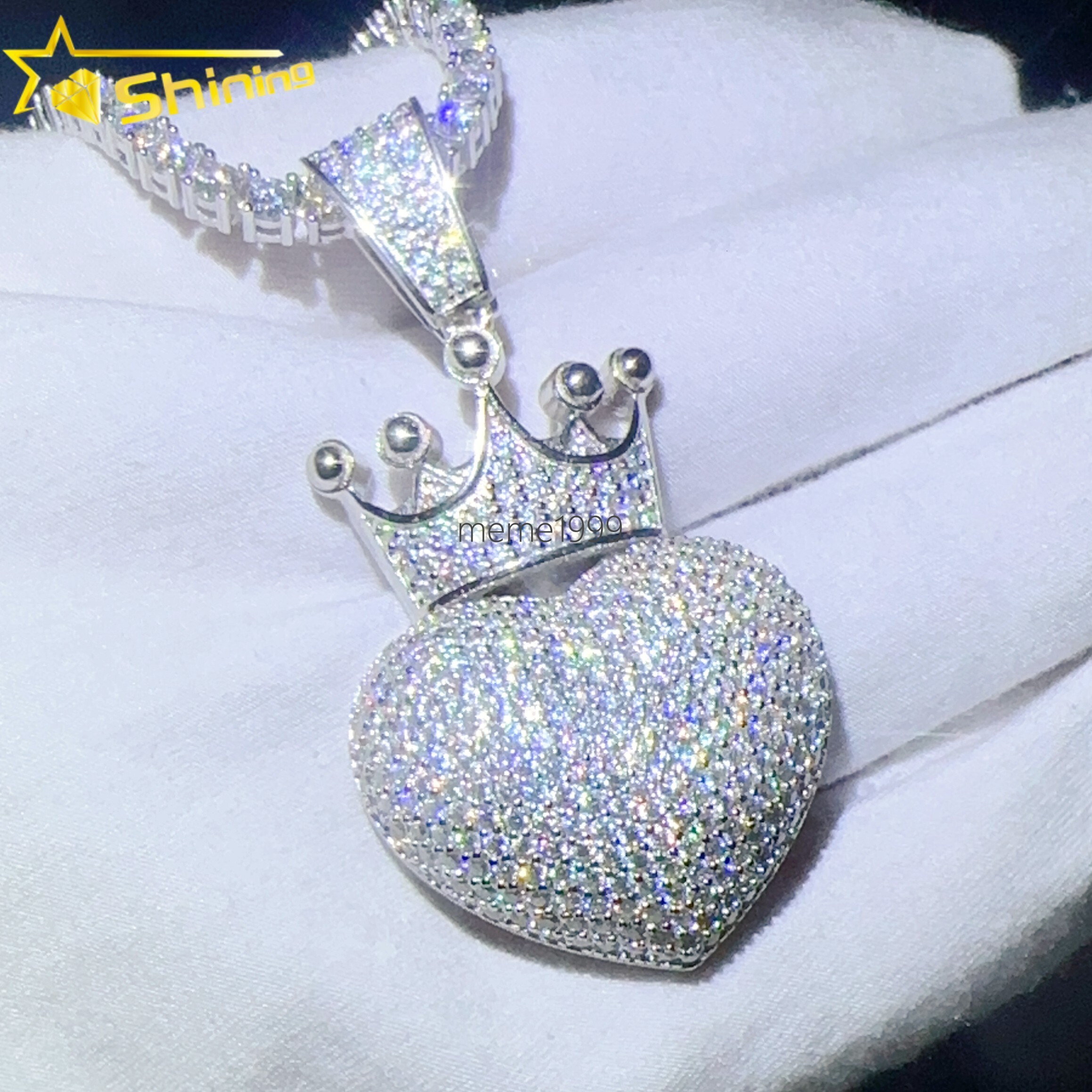 Moissanite Heart Crown Pendant Hip Hop 925 Silver Diamond Pendant Hot Sale Jewelry Necklace Heart Pendant