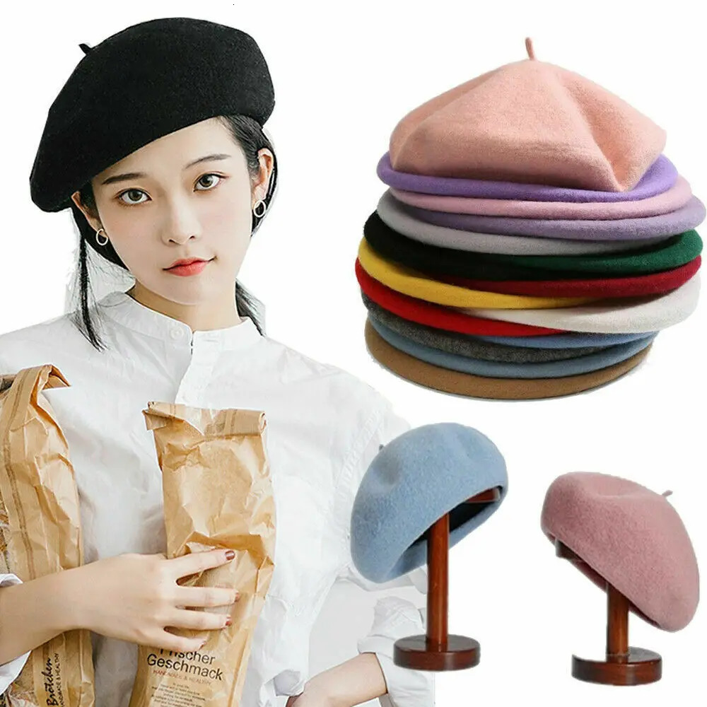 Girl Solid Color Beret French Artist Warm Wool Winter Beanie Hat Retro Vintage Plain Beret Solid Color Elegant Ladies Winter Hat 250819