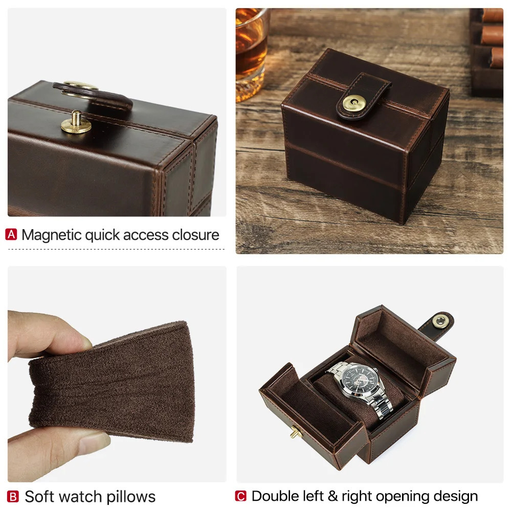 CONTACTS FAMILY Retro Cowhide Leather Single Slot Storage Case HandmadeTravel Portablel Watch Holder with Pillow 250819