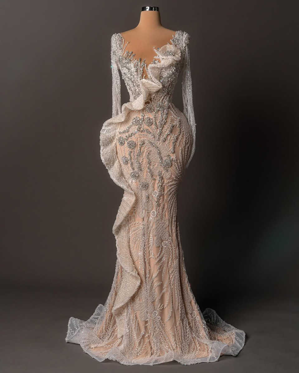 Customized Mermaid Crystal Evening Dress Long Sleeve Lace Appliques Prom Gowns Beadeds Sequins Formal Occasion Dresses