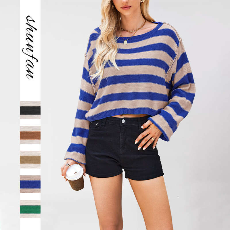 Autumn Winter Temu Women's Pullover Sweater Striped Loose Short Knitted Top B5