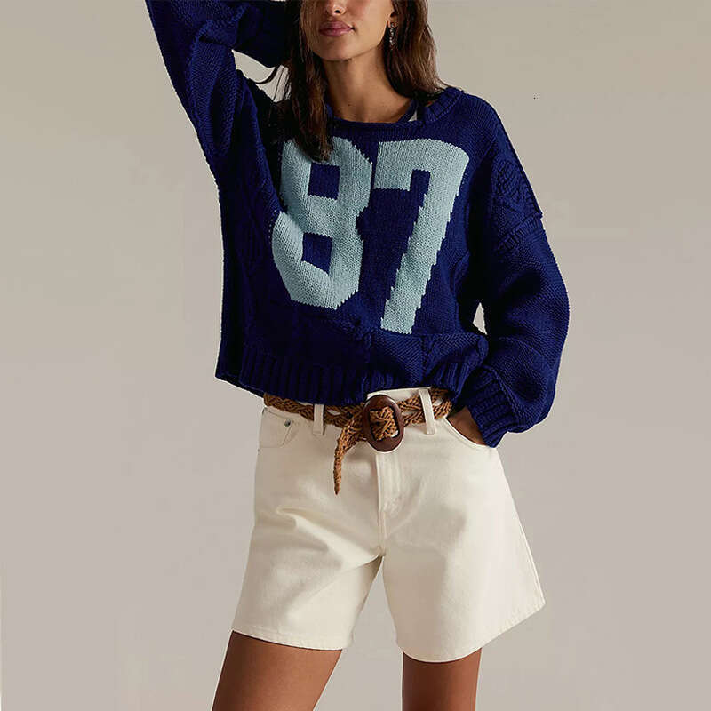 New Women's Autumn Winter Digital Color Block Knitted Pullover Loose Long Sleeve Sweater B3