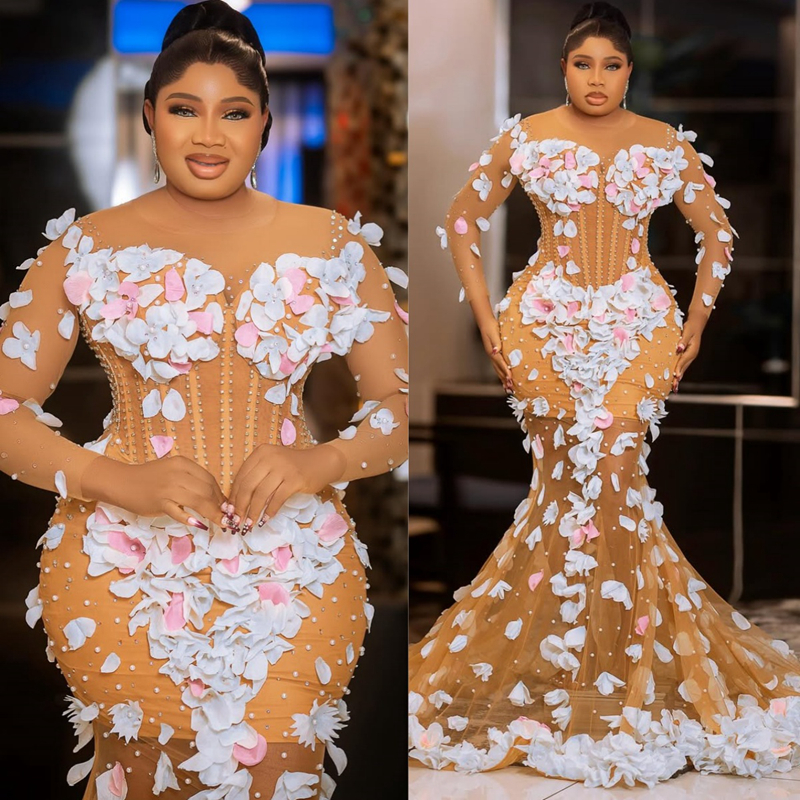 Plus Size Aso Ebi Mermaid Prom Dress 2025 Evening Dresses Robe De Sorrie Sheer Neck Illusion 3D Flowers Pearls Birthday Dress Second Reception Gowns A