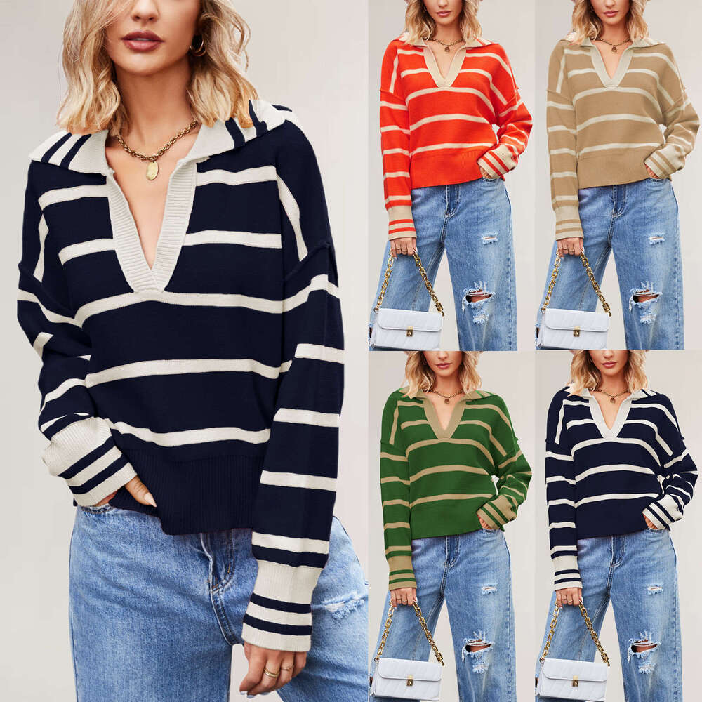 Autumn And Winter New V-Neck Striped Color-Block Loose Plus Size Women's Knit Sweater B5