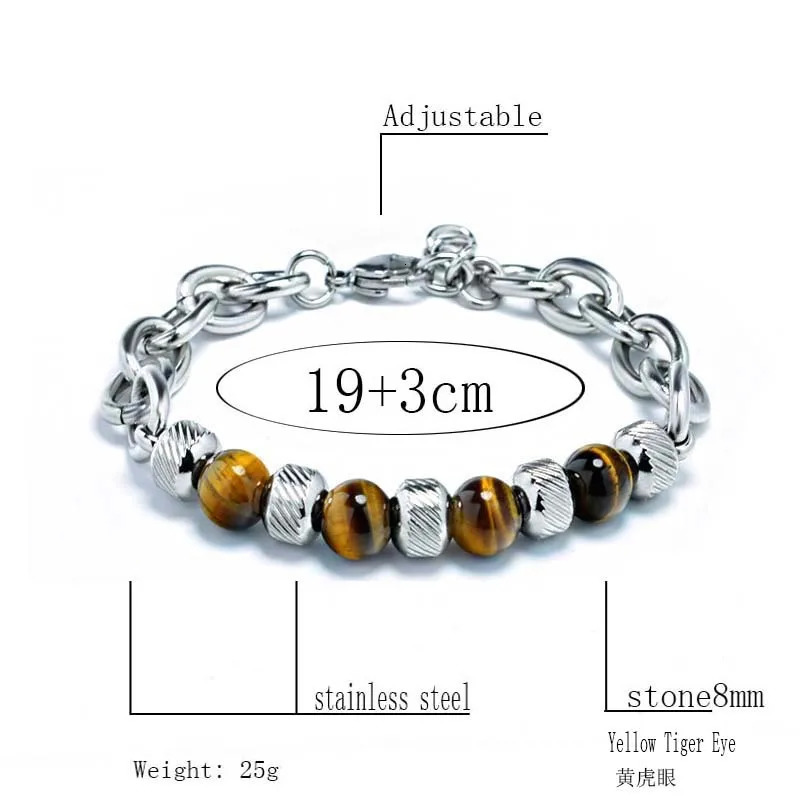 Trendy Mens Stainless Steel Bracelet 100% Real Natural Stone Beads Braslet Tiger eye Punk Link Chain Brazalete Gift For Him 250815
