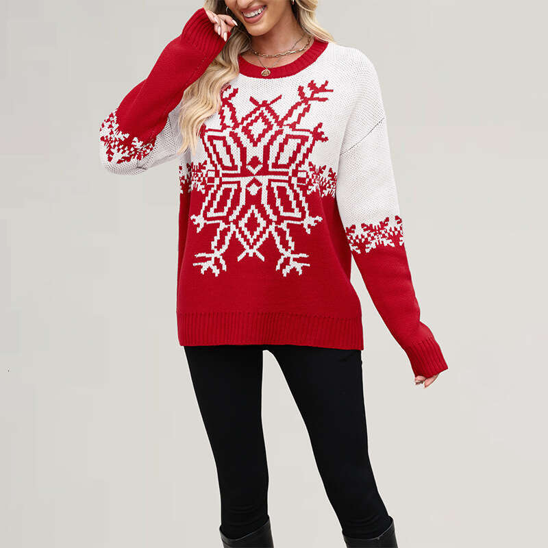 Women's Autumn And Winter Christmas Big Snowflake Casual Knitted Sweater B3