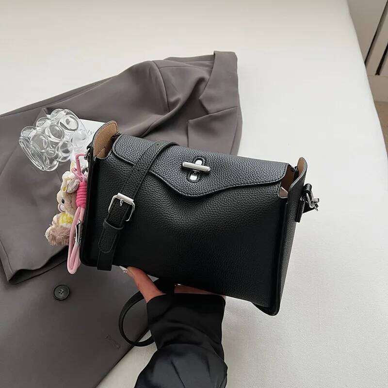 Women Brand PU Leather Lichee Pattern Crossbody Casual Lock Bucket Messenger Bag