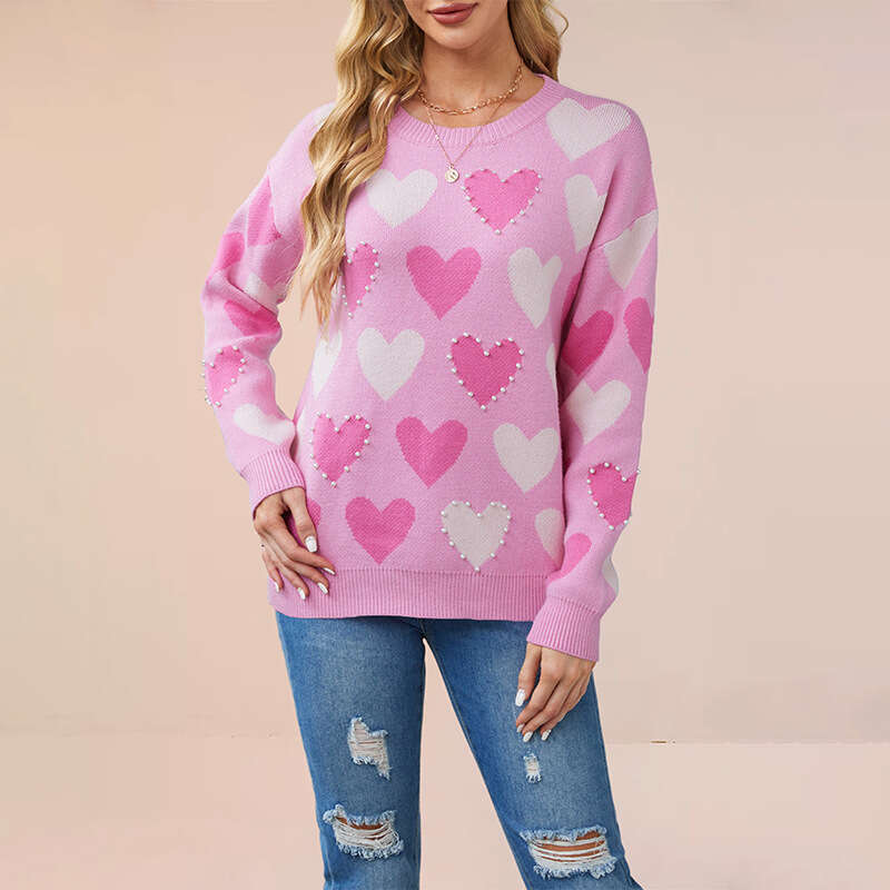 Autumn Winter New Tiktok Valentine's Day Round Neck Beaded Heart Peach Pullover Knitted Sweater For Women B5