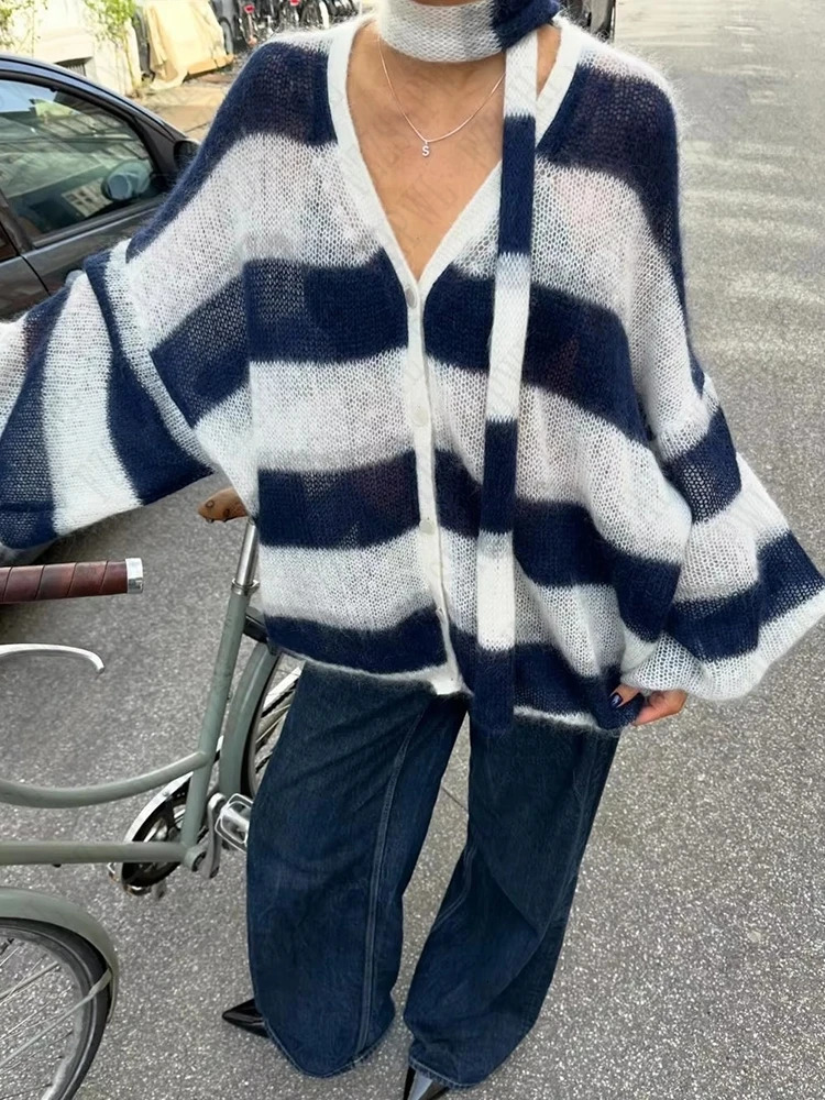 Y2K Harajuku Aesthetic Womens Autumn Winter Striped Knitted Sweater Casual Loose Chic Fashion Cardigan Pullover Streetwear 250819