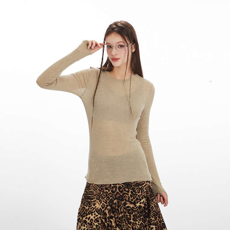 Solid Color Simple Cuff Finger Design Round Neck Long Sleeve Base Shirt Women Versatile Top Ins B5