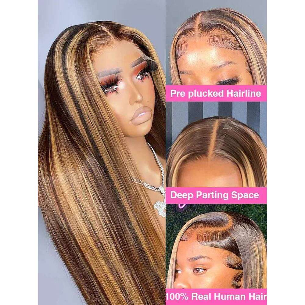 Wear Go Glueless Honey Blonde Straight Front Human Hair Colored Highlight 13X6 HD Lace Frontal Wig 30 32 34 Inch