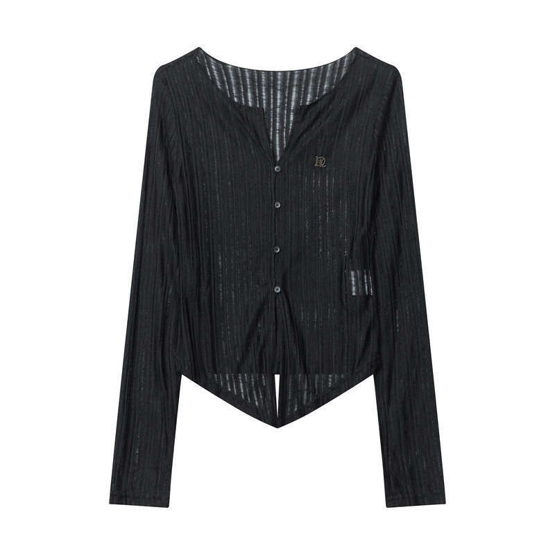 Pure Desire Style V-Neck Ribbed Long Sleeve Knitted Cardigan For Women Spring Thin Slim Fit T-Shirt Trendy B3