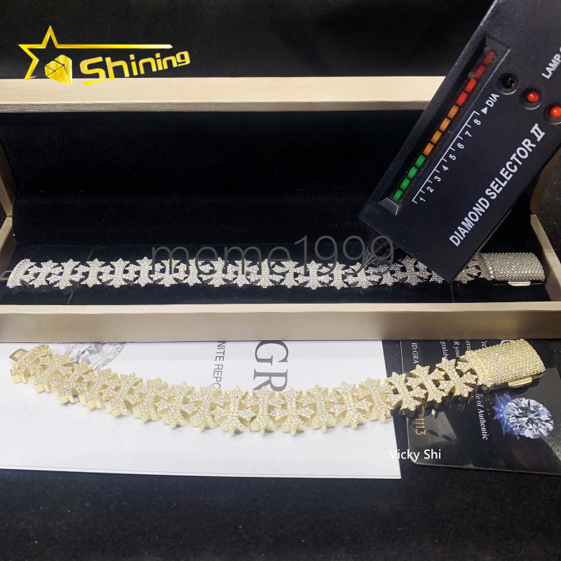 Gold Plated Sterling Silver 925 Iced Out Moissanite Cross Bracelet Hip Hop Men Fine VVS Moissanite Cuban Bracelet Party Gifts